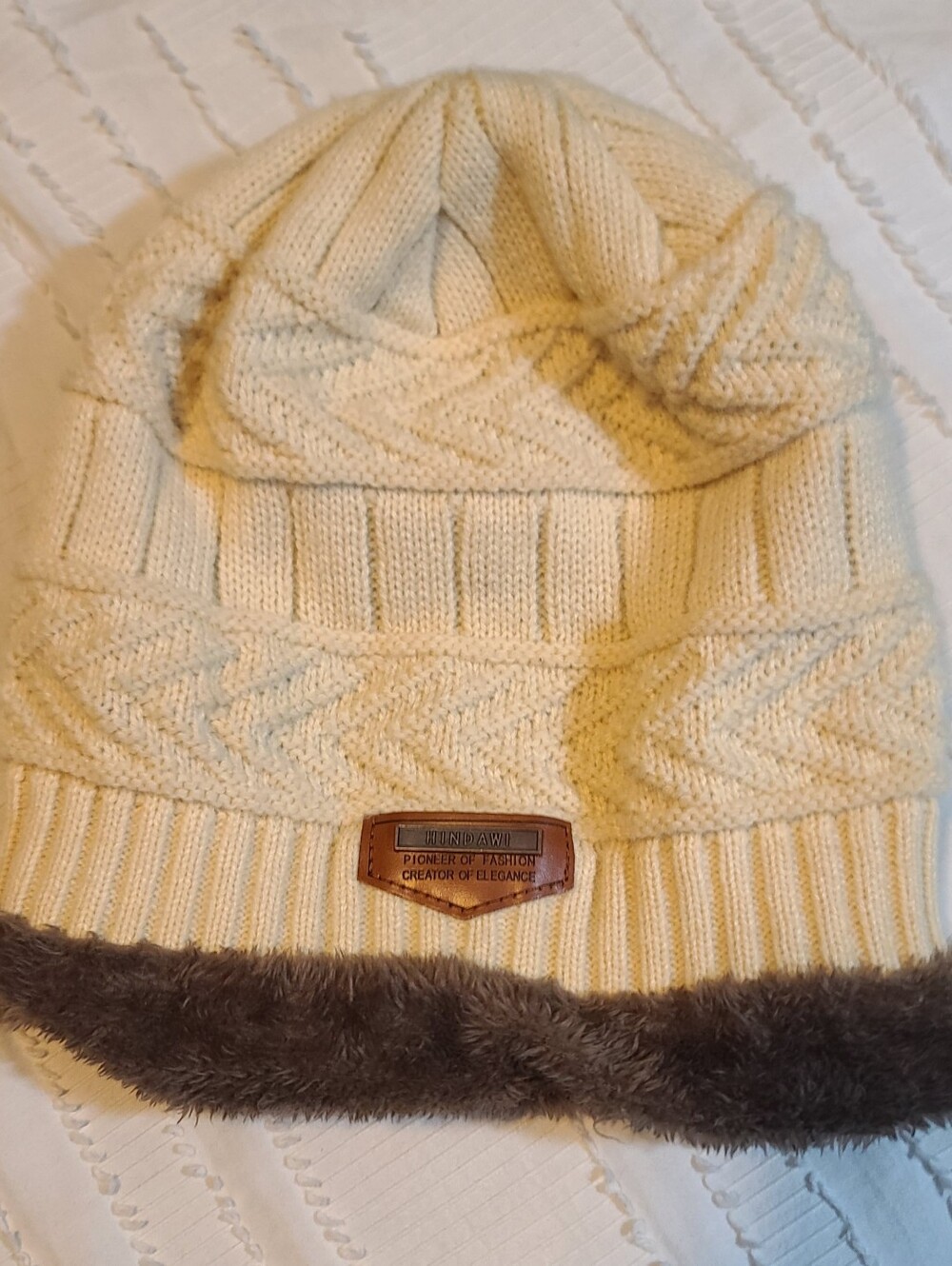 Hindawi Ivory/Brown Cable Knit Beanie Hat One Size Faux Fur Trim Winter